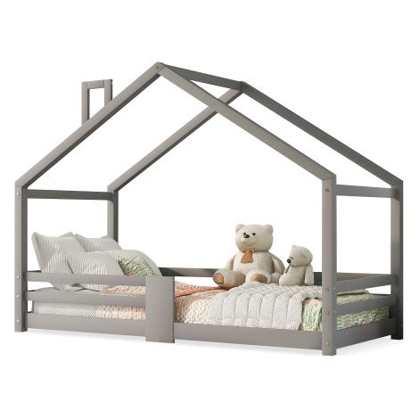 Lit cabane pour enfant avec cheminée, protection antichute, sommier à lattes robuste, en pin, 90 x 200 cm sans matelas, gris (1/5)