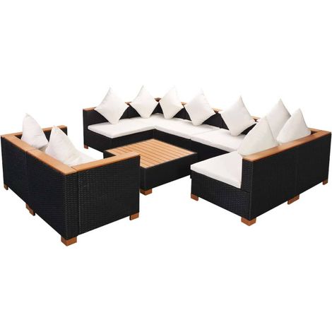 vidaXL Set Divani da Giardino 9 pz con Cuscini in Polyrattan Nero