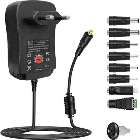 30-W-Universal-Wechselstrom-zu-Gleichstrom-Netzteil-Transformator, 3-12-V-einstellbarer Spannungswandler mit 8 Gleichstromanschlüssen (max. 2000 mA) (1/5)