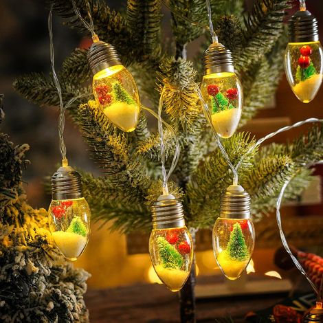 Guirnalda de luces navideñas con forma de bolas de nieve, 10 LED, 2 metros de largo, con motivos de árbol de Navidad y bayas. (1/5)