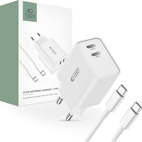 TECH-PROTECT C35W 2-Port-Netzwerkladegerät PD35W + Typ-C-Kabel Weiß