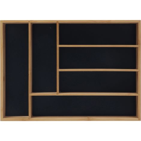 Relaxdays cutlery tray, drawer organizer with 6 sections for kitchen cutlery, bamboo, HWD: 5x35.5x25.5 cm, natural/black