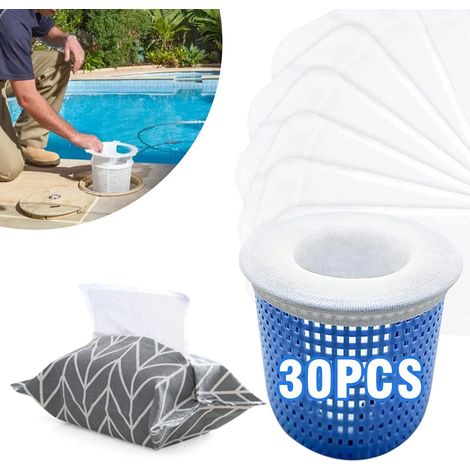 Lot de 30 chaussettes filtrantes pour paniers d'écumoire de piscine hors-sol et enterrée, épuisettes de nettoyage, chaussettes en micro-maille pour paniers d'écumoire de piscine (1/5)