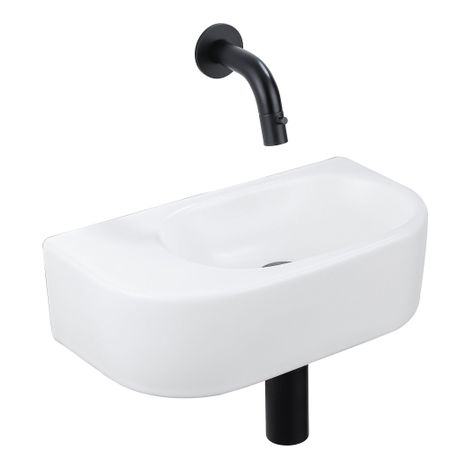 QeramiQ Fuente Ensemble de Lavabo - 40x21.5x12cm - lisse - demi-rond - céramique - ensemble de robinet noir mat - bouchon de vidange - siphon abaissé