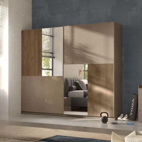 Armadio 2 ante scorrevoli con specchi Quinn 275x59x240h colore bronzo e noce mercure (1/2)