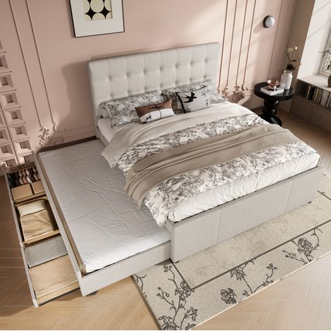 DESVIAE Lit rembourré 140 x 200 cm avec lit gigogne trois tiroirs tête de lit réglable lin beige (1/5)