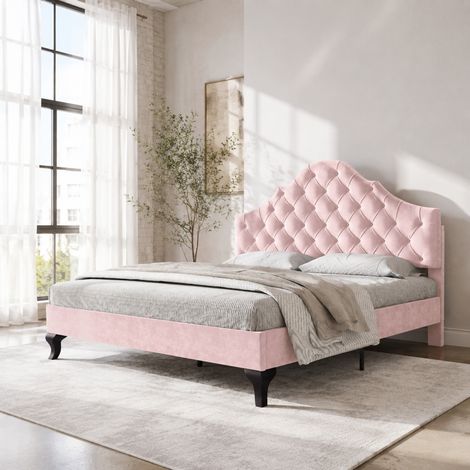 Letto matrimoniale 140x200 cm in velluto rosa, testiera regolabile, senza materasso - FLORAGRACE (1/5)