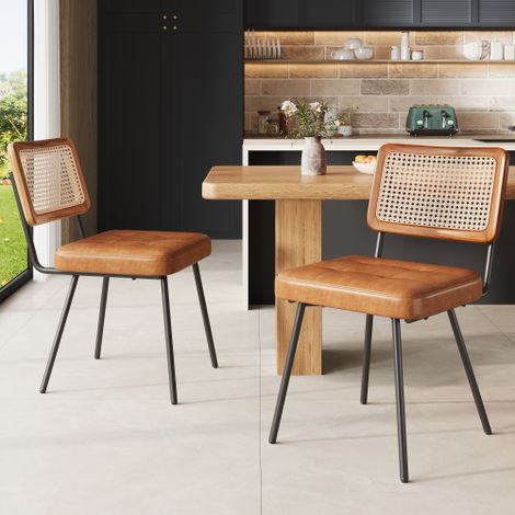 Lot de 2 Chaises à Manger Style Rétro Simili-Cuir PU, Dossier Tressé PE Rotin, Chaise de Maquillage Pieds Fer Ajustables (1/5)
