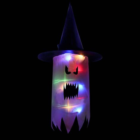 Guirlande lumineuse LED de chapeaux de sorcière fantômes à suspendre pour Halloween, décoration extérieure pour arbre, porche ou jardin.