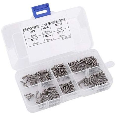 BUNTHAUS M2 Coffret de 180pcs DIN912 Assortiment Vis Boulon Tête Fraisée Cylindrique Six Pans Creux en Acier Inoxydable 304, M2 x 4/6/8/10/12/16mm (1/5)