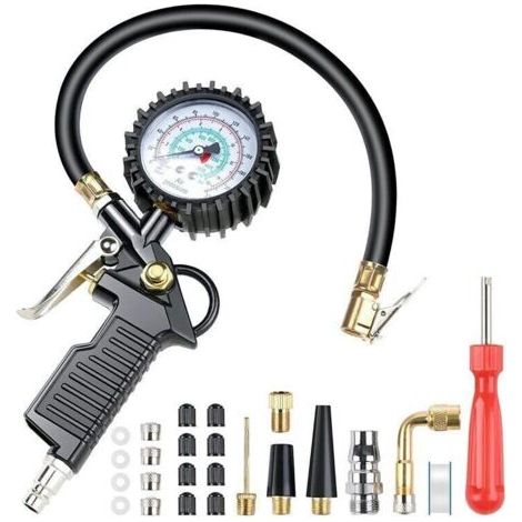 QORVA-Numérique Manomètre Pression Pneu 220 PSI Haute Précis Multifonctionnel Jauge de Pression des Pneus Numérique avec 24 Accessoires, Pistolet de Gonflage de Pneu Portable pour Voiture Moto Vélo