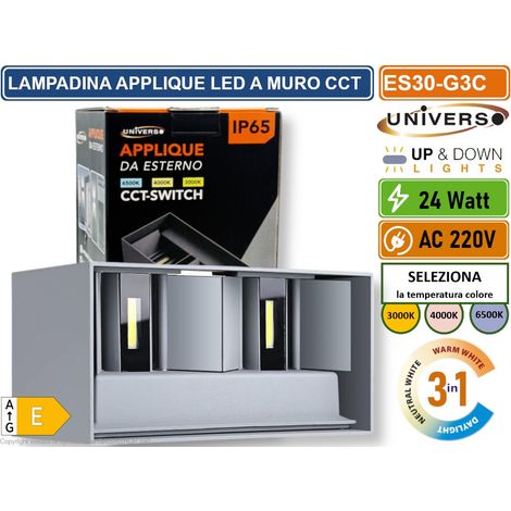 UNIVERSO ES30-G3C LAMPADA APPLIQUE LED DA MURO GRIGIA 24W DOPPIO FASCIO LUMINOSO REGOLABILE CON SWITCH CCT PER SELEZIONE LUCE 3000K/4000K/6500K IP65 (1/5)