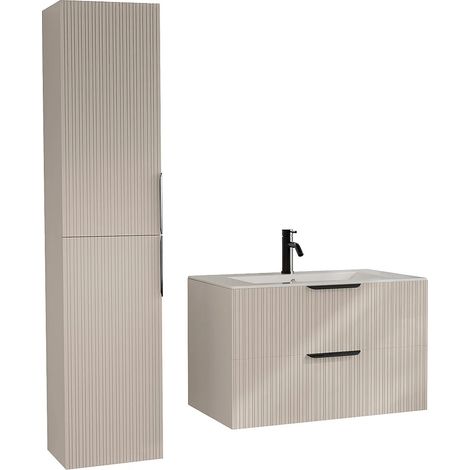 Mobile bagno sospeso con scanalature con lavabo ad incasso, colonna e rubinetto - Beige - 80 cm - DALIKO (1/5)