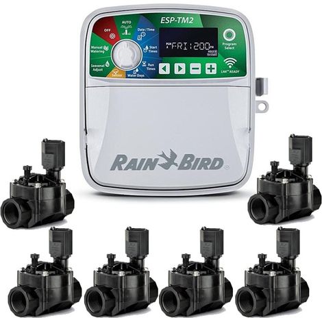 Programmatore Irrigazione Elettrico Automatico ESP-TM2 6 zone Indoor Rain Bird + 6 Elettrovalvola 100HV 24V 1''