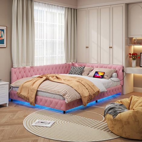 Lit Banquette d'Angle 140x200 cm,Canape Lit Rembourré avec USB et Type C,Canapé lit 2 Places avec Éclairage LED, sommier à Lattes,velours teddy,rose (1/5)