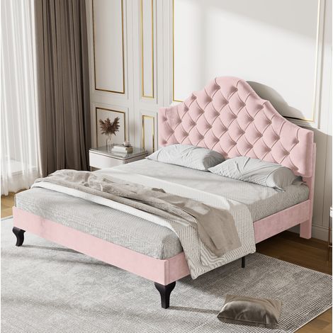 Cama 140x200 cm de terciopelo rosa con cabecero ajustable, para leer, sin colchón – MEUBLIV (1/5)
