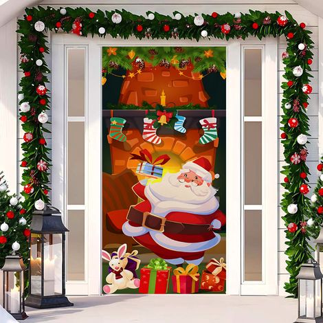 Rideau de porte de Noël 2026, bannière extérieure avec fond photo Père Noël et chien, tissu à suspendre - 90 x 180 cm (œillets + ruban) - 45