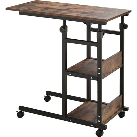 Table d'appoint mobile réglable en hauteur 80x40x72-82 cm noire avec 3 étagères en métal et bois pour salon et bureau (1/5)