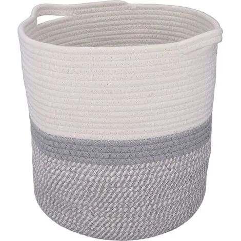 Panier à linge tressé en corde de coton, multifonctionnel, avec poignées, 30 cm de diamètre, blanc et gris chiné, décoration intérieure. (1/3)