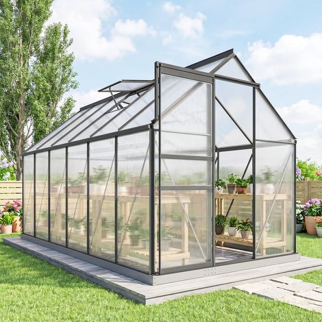 Serre de jardin en aluminium et polycarbonate (avec fondation), avec fenêtres réglables et portes coulissantes, 190 x 375 x 199 cm (1/5)