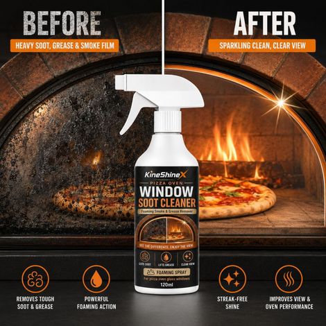 KineShineX Reinigungsspray für Pizzaofen-Glastüren – Entfernt schwarze Asche und Fett von der Ofenscheibe (1/4)