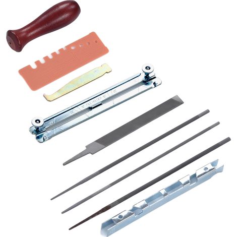 Set mit 10 Kettensägenketten-Schärffeilen, Sägezahn-Schärfwerkzeug-Set mit Lehre und Griff (1/5)