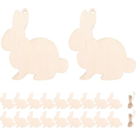 Lot de 20 pendentifs lapins de Pâques en bois à suspendre, à réaliser soi-même. Décoration en bois avec corde en chanvre, idéale pour les fêtes de Pâques.-98c (1/4)