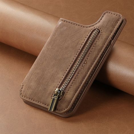 Coque de téléphone en cuir PU rétro avec pochette porte-cartes, portefeuille à fermeture éclair et support, support universel pour bureau pour smartphones. (1/5)