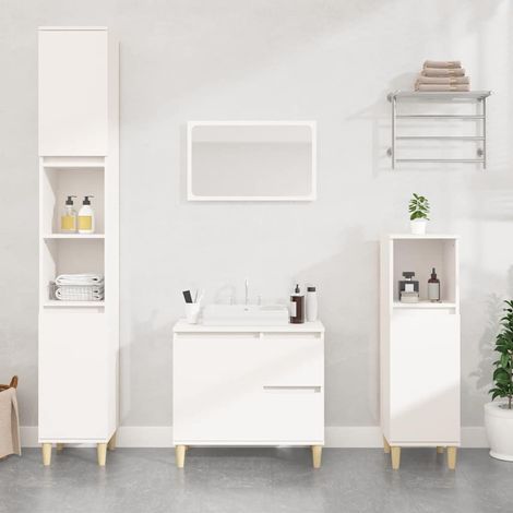 Armoire de salle de bain blanche 65 x 33 x 60 cm en bois d’ingénierie avec 2 tiroirs et porte, pieds en eucalyptus massif (1/5)
