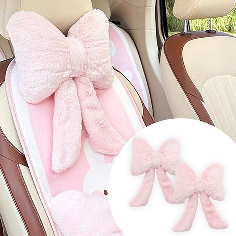 Longziming - Oreiller de soutien cervical - Surface douce et moelleuse - Motif nœud papillon - Confort ergonomique pour la voiture, le bureau et la maison - Lot de 2 - Rose (1/5)