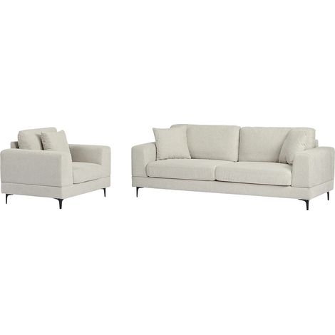 Vente-Unique – Canapé droit 3 places en tissu texturé beige – Fauteuil assorti – Piètement métal noir – Assise mousse polyuréthane – Dimensions canapé 227x89x82cm (1/5)