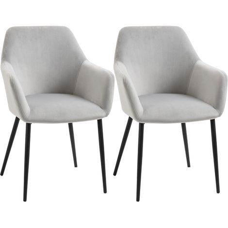 Lote de 2 sillas de comedor en terciopelo, con respaldo y brazos, patas de metal, gris claro (1/5)