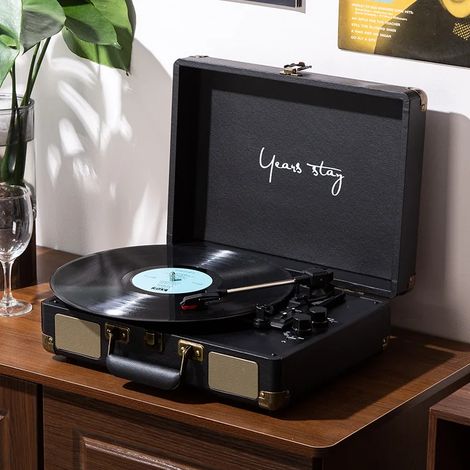 (Noir) Mini platine vinyle portable/platine vinyle de bureau, compatible avec la lecture audio sans fil Bluetooth (1/3)