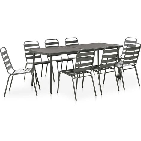 Ensemble repas extérieur 9 pièces en acier gris foncé, table et 8 chaises empilables - PANGIVO (1/5)