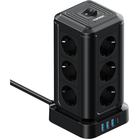 Europäische Steckdosenleiste auf Ständer mit 12 AC-Steckdosen + 4 USB-Anschlüssen, 2-m-Kabel, Überspannungsschutz, max. Leistung 4000 W, kompaktes vertikales Design für Wohnzimmer, Büro oder Küche