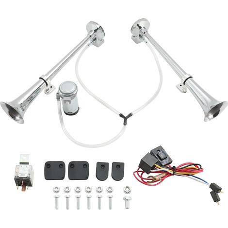 12V Klaxon de Voiture, 150dB Trompette Tracteur, 18 Pouces d'Air Klaxon Camion Double Trompe Chrome Zinc, pour Voiture Camion Tracteur Moto Bateau (1/4)