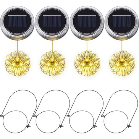 Lumières solaires pour pots Mason, 4 pièces Couvercles de pots Mason avec guirlandes lumineuses à 20 LED pour décorations de jardin, terrasse, Noël et d'Halloween - [Blanc Chaud, Sans Pots] (1/5)