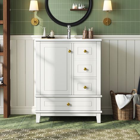 Mueble de baño con lavabo 61 x 47 x 86 cm, blanco lacado, 3 cajones, 1 puerta OKMYHOME (1/5)