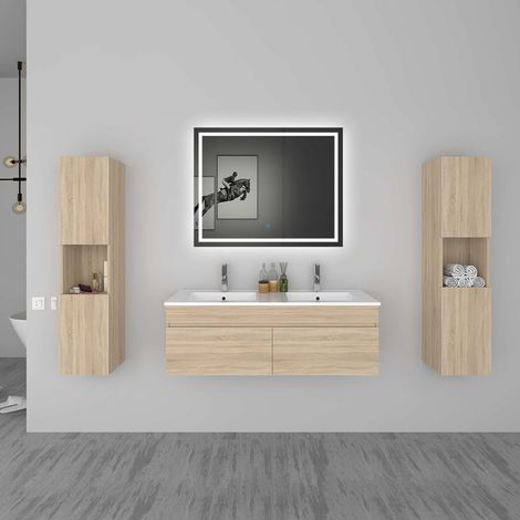Aica Ensemble meuble Salle de Bain vasque L.120cm Chêne 2 Portes + 2 Colonne + Miroir LED 100 x 80 cm