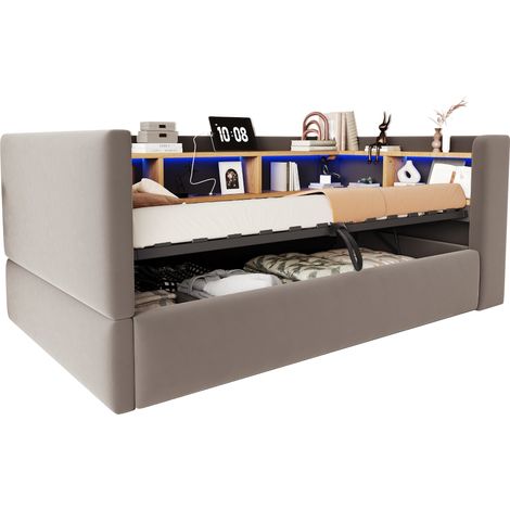 CHICFURN Canapé-lit 90x190 cm en tissu gris foncé avec LED, prises, rangement hydraulique et étagères intégrées, lit banquette multifonction pour petit espace (1/5)