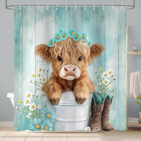 Filiyano-Rideau de douche turquoise à motif vache des Highlands, 183 x 183 cm, en tissu imperméable, style rustique champêtre, avec crochets. (1/5)