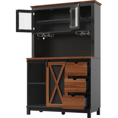 Credenza alta moderna nera con LED e app, vetrina con ante scorrevoli e 3 cassetti (1/5)