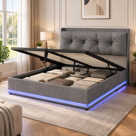 Lit coffre 140x200, lit double avec LED et ports 1USB/1Type-C, cadre de lit avec tête de lit capitonné, lit 2 personnes, système hydraulique, poches latérales, velours gris (1/5)