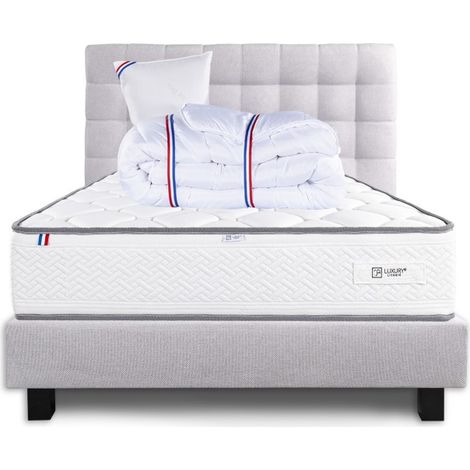 Ensemble Complet Matelas Iris (20 cm) ferme, Sommier gris(20cm) , Tête de lit, Oreiller et Couette, 90x190cm (1/5)