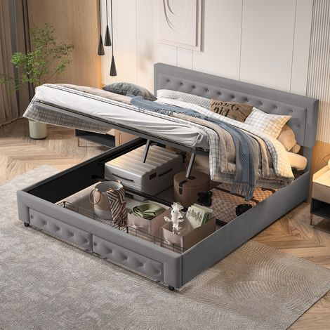 Bett mit Stauraum 160x200 cm, mit gepolsterter Dekoration, 2 Stauraum schubladen, klassisch, lattenrost aus holz, Metallrahmen, Polsterbett aus Samt - Grau