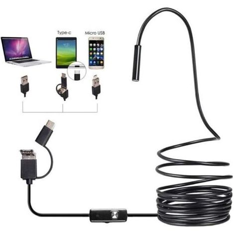 3-in-1 7-mm-Endoskop-Inspektionskamera für Android mit USB-Typ-C-Schnittstelle, Abflussrohrkamera mit 6 einstellbaren LED-Leuchten, IP67 wasserdichte schwarze HD-Endoskopkamera (1/5)