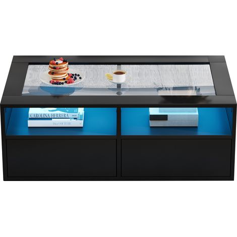 ELVMI Tavolino da Caffè con 2 Cassetti, 2 Vani Aperti e LED da App, Vetro Temperato, Nero, 100 x 50 x 35 cm (1/5)