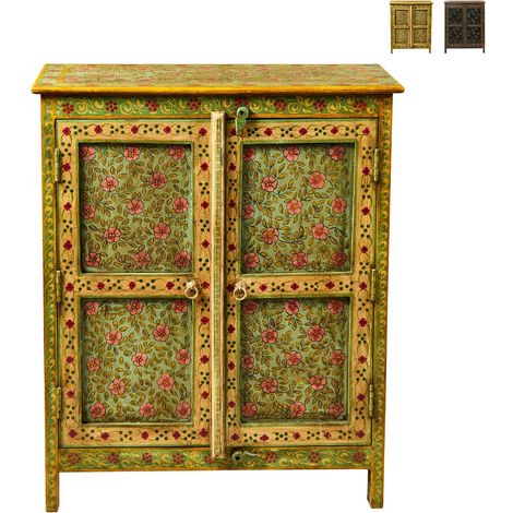 Credenza etnica decorata con 2 ante in legno multicolor 75x35x90 Frida - Giallo (1/5)