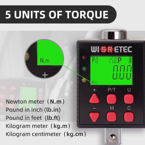 Tester per chiavi con display retroilluminato per dinamometro digitale. Due modalità operative. Cinque unità di misura selezionabili e regolabili con funzione cicalino e indicatore LED. (1/5)