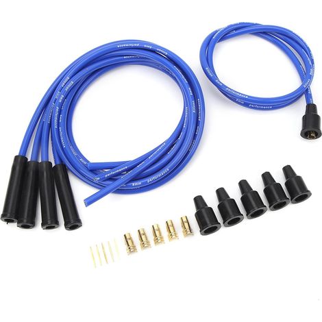 (Bleu) Fil de bougie d'allumage en métal silicone haute performance de 8 mm, très efficace et stable
